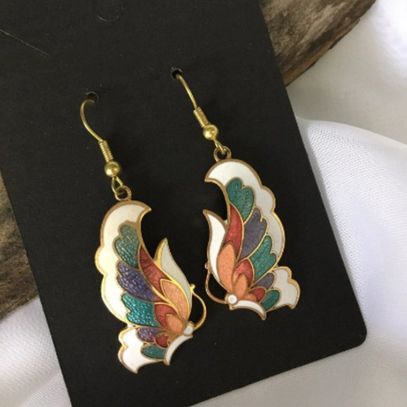CLOISSONE BUTTERFLY WINGS EARRINGS FOR PIERCED EARS, DANGLE, BRIGHTLY COLOURED - Picture 2 of 6